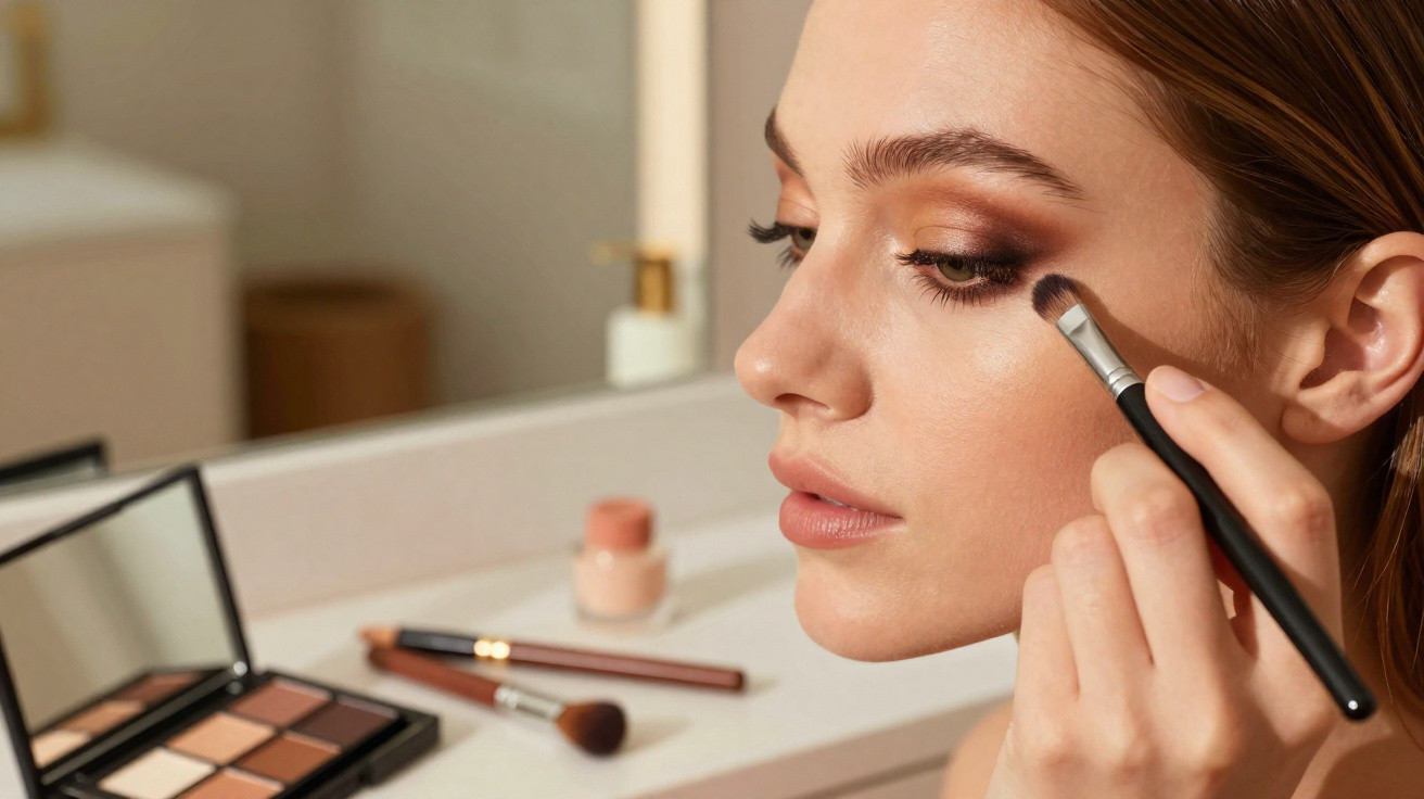 Woman applying eyeshadow with a brush in front of a mirror with makeup products on the table.