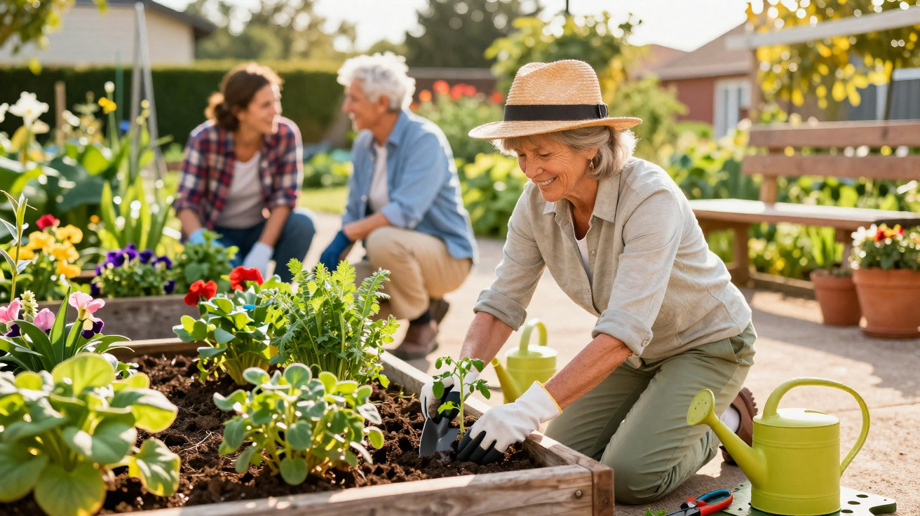 Senior woman gardening in raised bed while two people chat in the background on a sunny day outdoors.