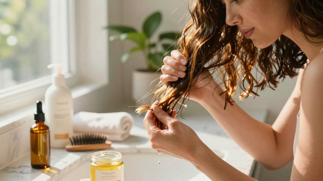Woman applying hair oil to the ends of her wet hair in a bright bathroom by a window.