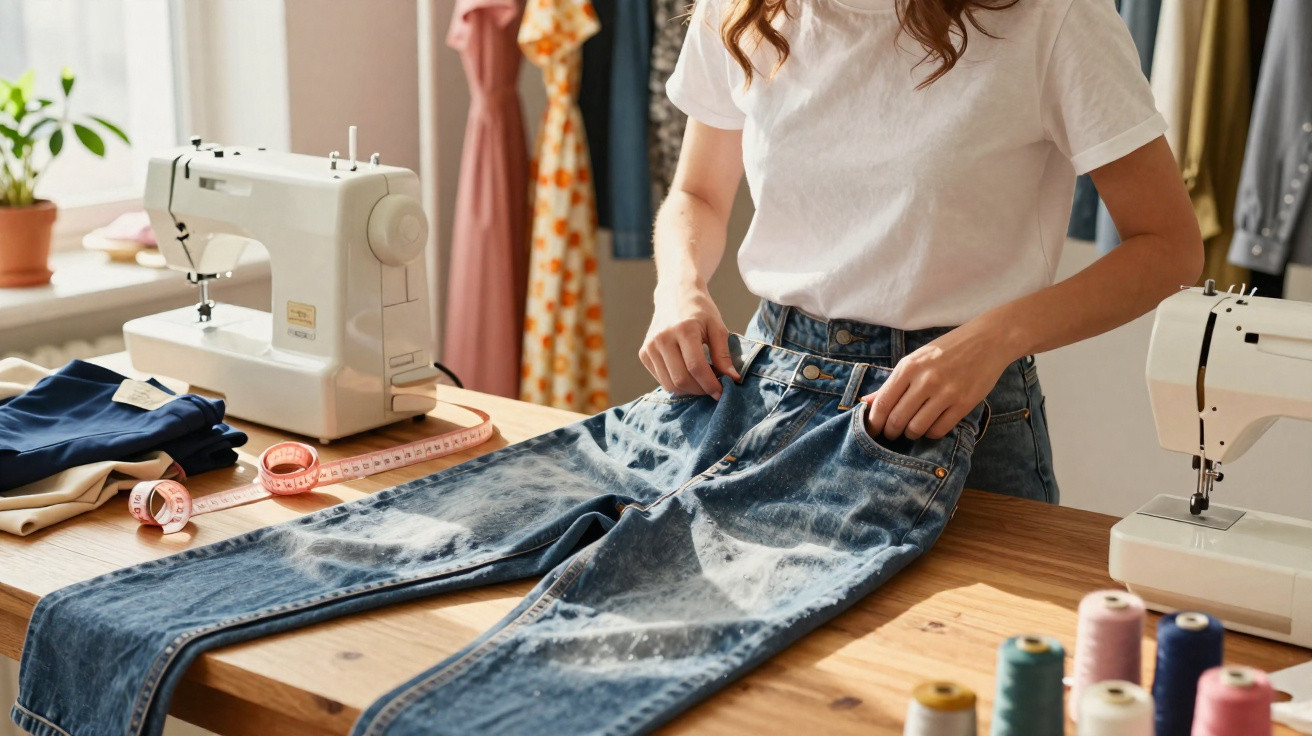 Person inspecting a pair of blue tie-dye jeans on a wooden table in a sewing workshop.