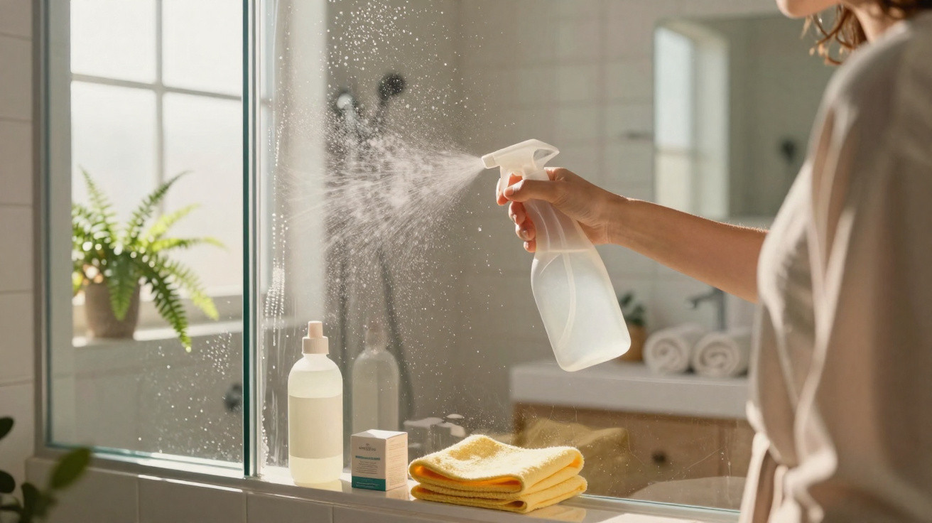 Person spraying cleaning solution onto a bathroom mirror with toiletries and folded towels nearby
