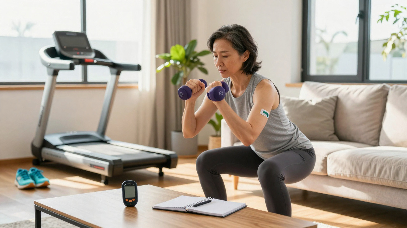 Middle-aged woman exercising with dumbbells at home near a treadmill, glucose monitor, and open notebook on a table.