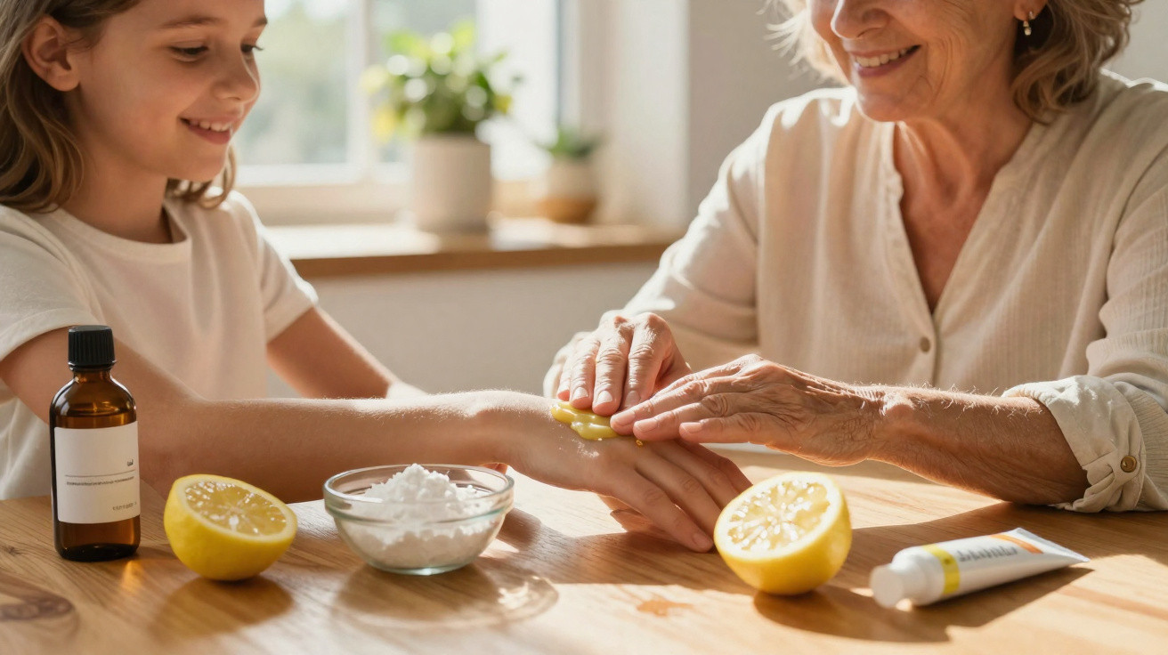 Older woman applying lemon juice on young girl's hand with natural skincare ingredients on table