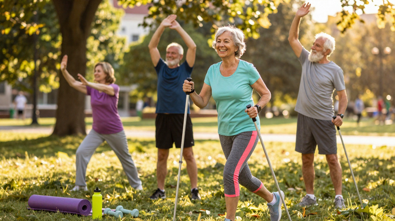Group of elderly people exercising outdoors with walking poles and stretching in a sunny park.