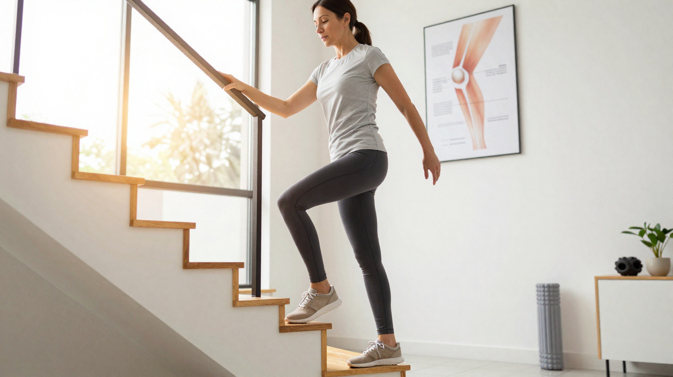 Woman exercising by stepping up stairs indoors with anatomical knee poster in the background.