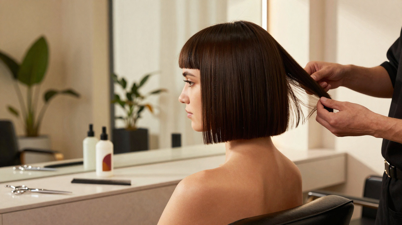 Woman with a sleek bob haircut sitting in a salon chair while stylist arranges her hair in front of a mirror.