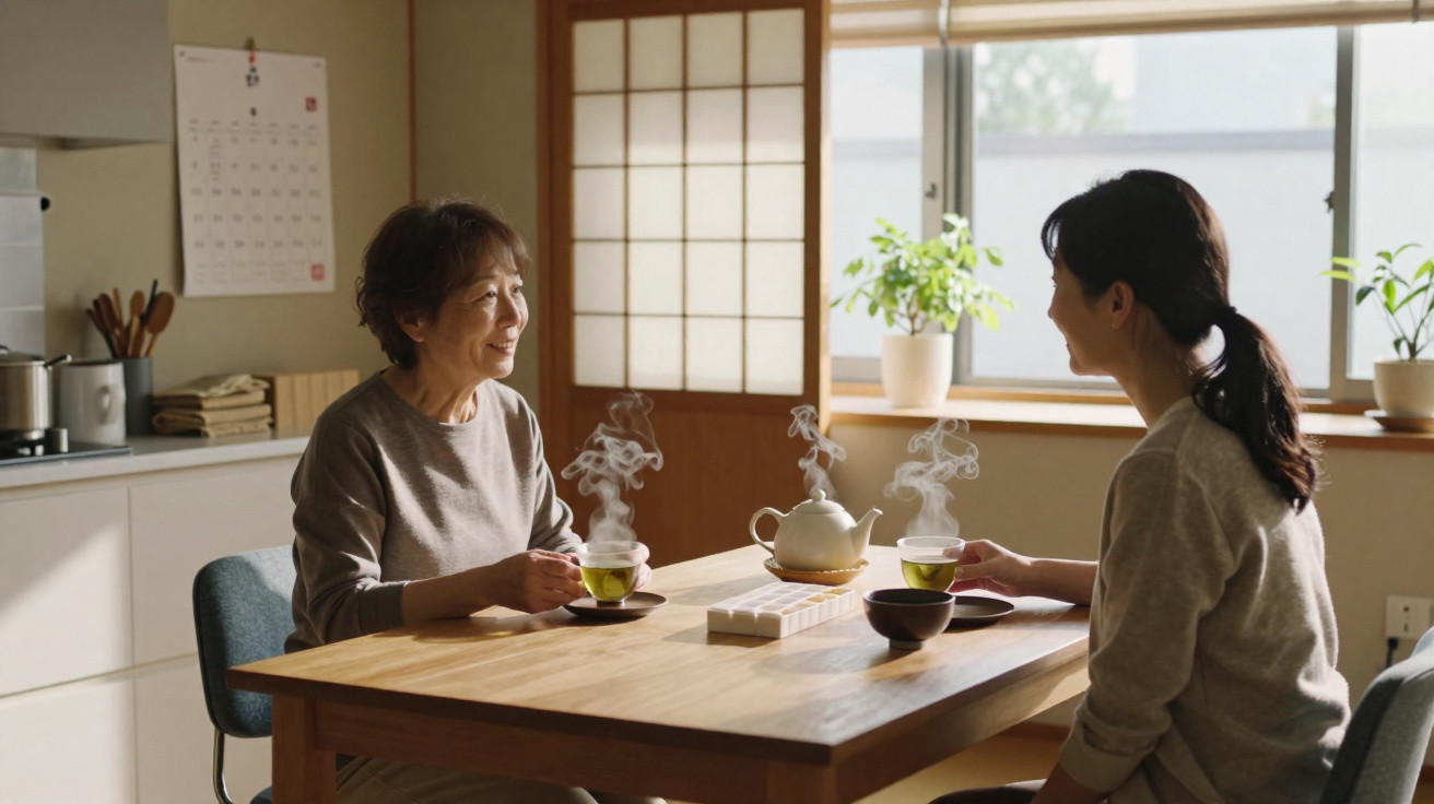 Two women sharing tea and smiling at a wooden table in a bright, minimalist kitchen.