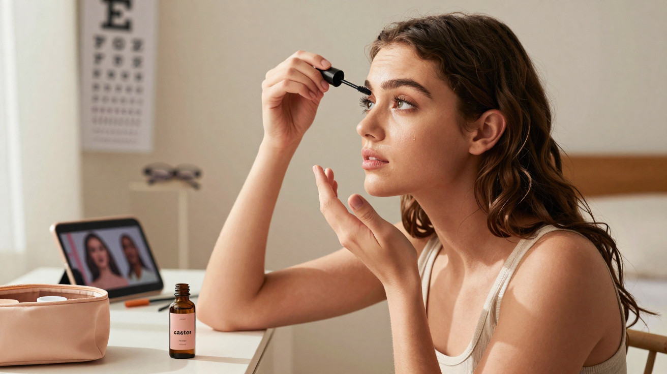 Young woman applying eyelash serum while following an online tutorial on a tablet in a bedroom.