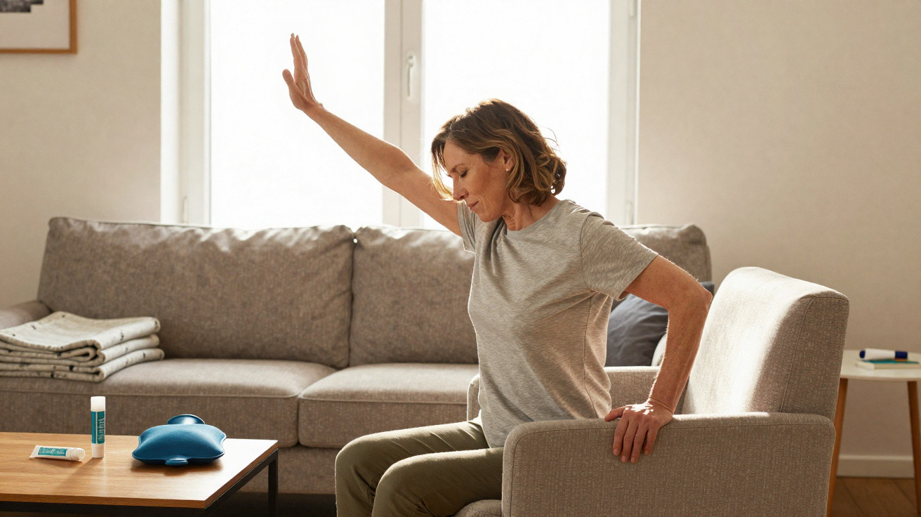 Middle-aged woman doing seated arm stretch in living room with couch and table nearby