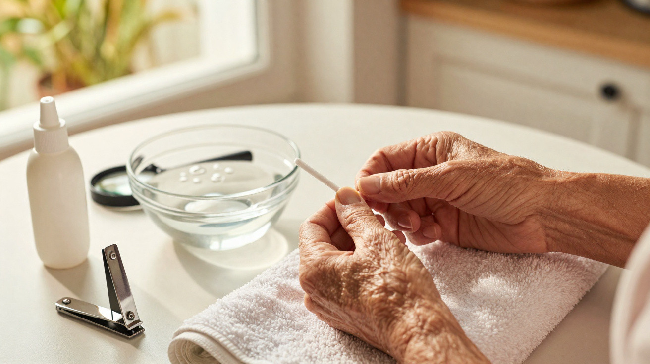 Elderly person filing nails over a white towel with nail clippers, magnifying glass, bowl of water, and spray bottle nearby.