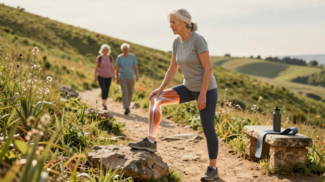 Elderly woman stretching her knee muscles on a countryside trail with two people walking behind her.