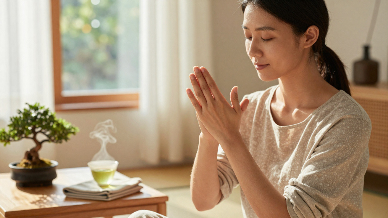Woman sitting with eyes closed, hands clasped, meditating in a serene room with a bonsai and steaming tea.