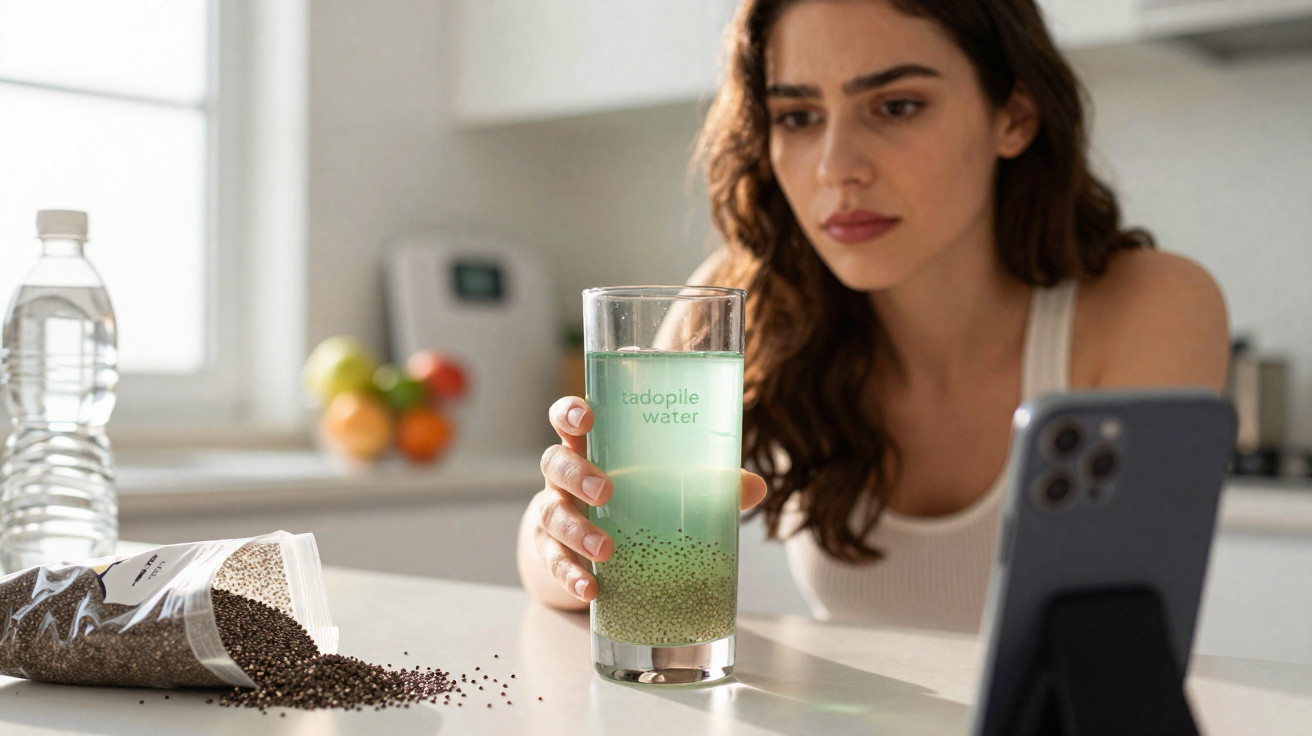 Young woman holding a glass of tadpole water with basil seeds, sitting at a modern kitchen counter.