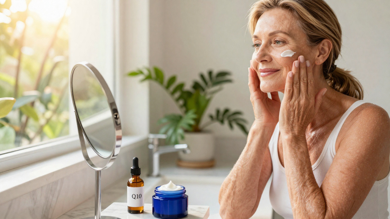 Middle-aged woman applying face cream in bathroom by mirror with skincare products on counter.