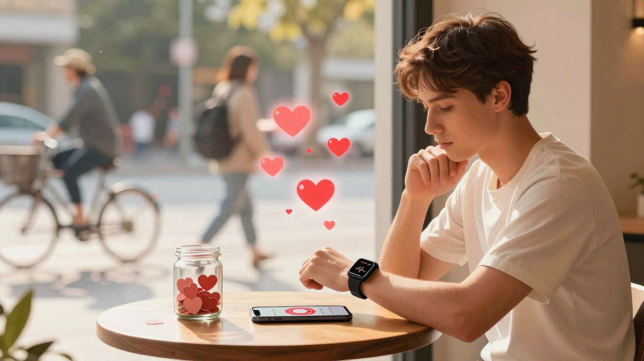 Young man sitting at a café table looking at a phone with floating red heart icons and a jar of paper hearts.