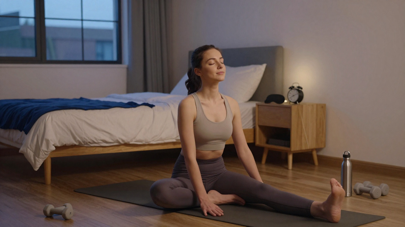 Woman in workout clothes meditating on yoga mat in bedroom with dumbbells and water bottle nearby.