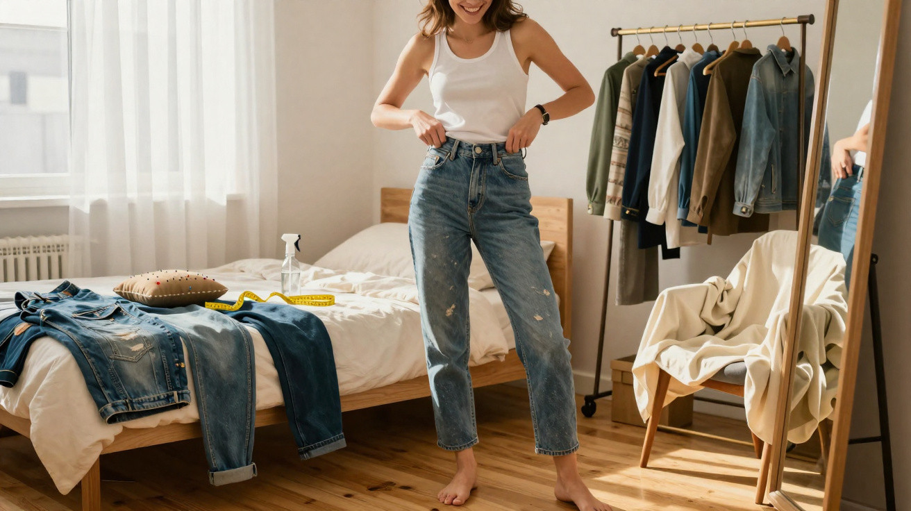 Woman in white tank top and jeans standing barefoot in bedroom with clothes on bed and hanging rack.