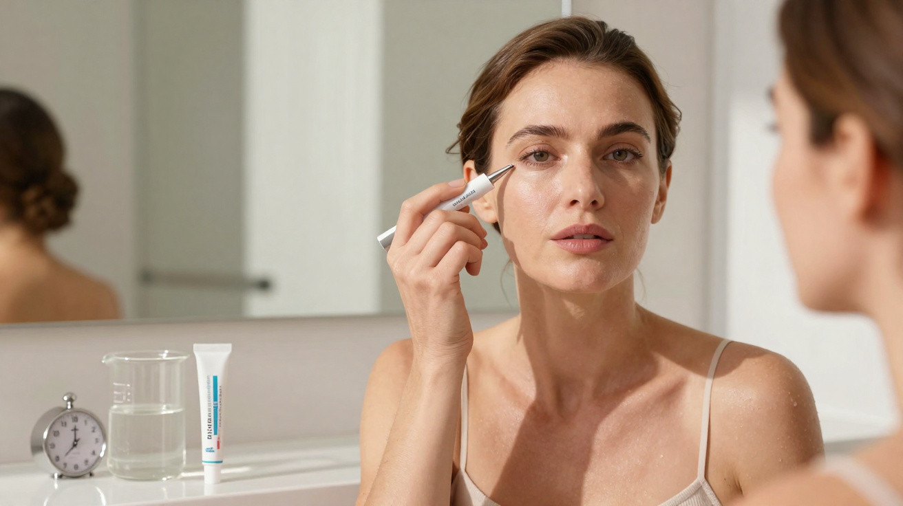 Woman applying eye cream with a small applicator in front of a bathroom mirror.