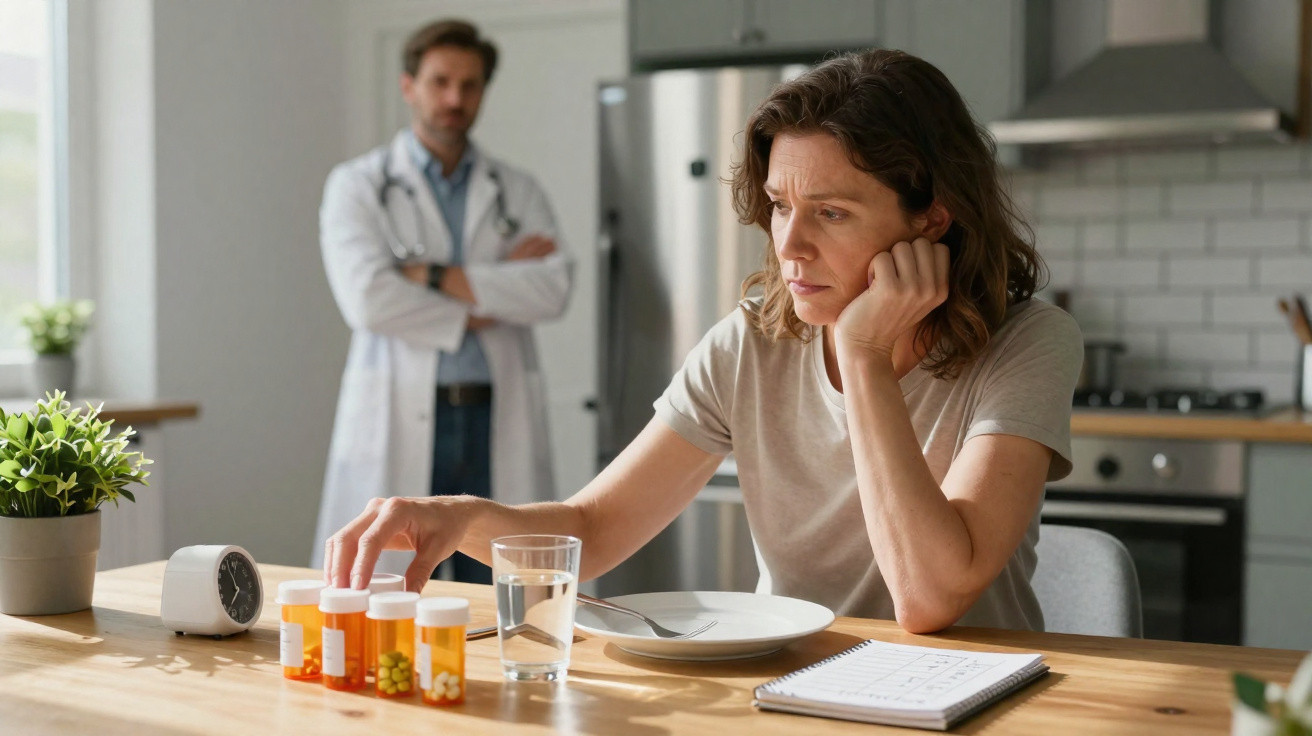 Woman looking at prescription pills on kitchen table while doctor watches in background.