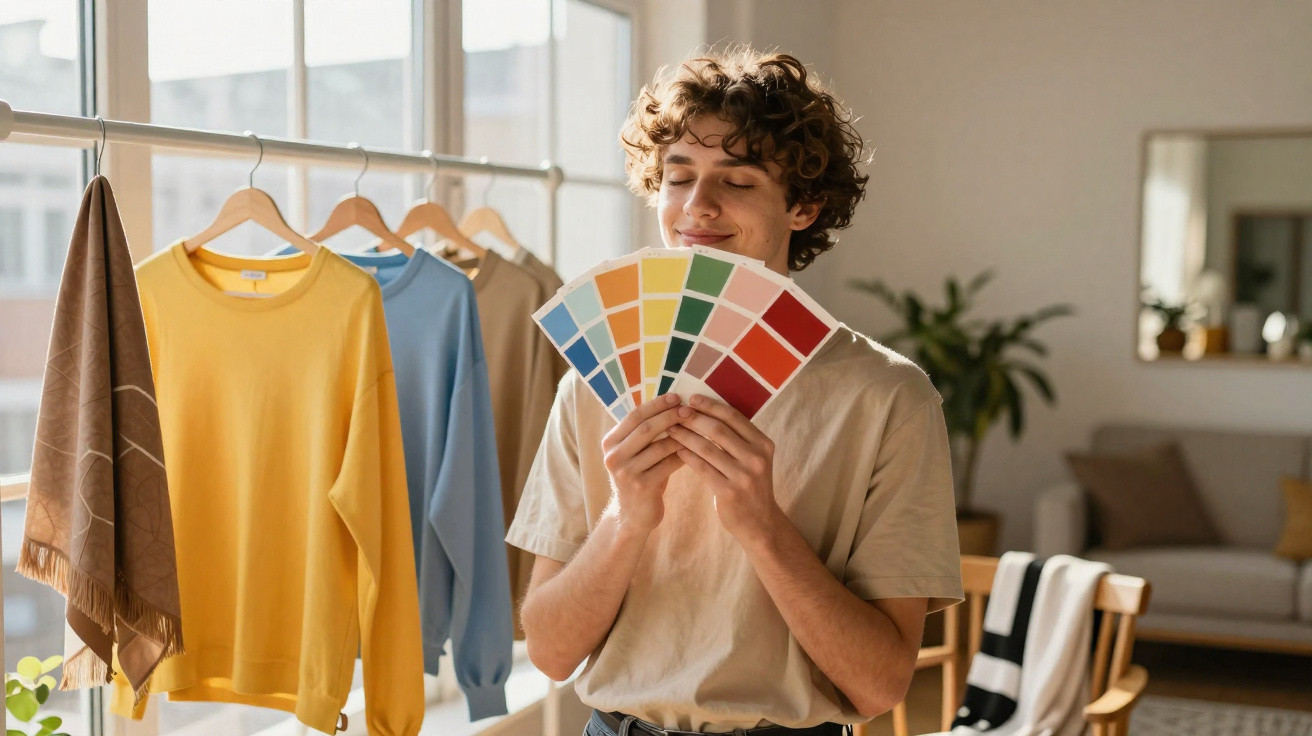 Young man holding paint swatches in a bright room with colourful clothes hanging behind him.