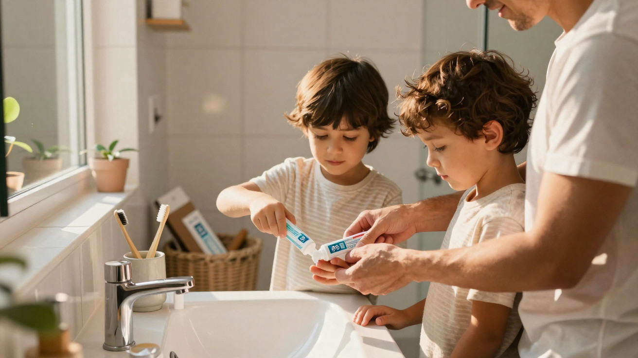 Adult helping two young boys squeeze toothpaste in a bright bathroom by the sink.