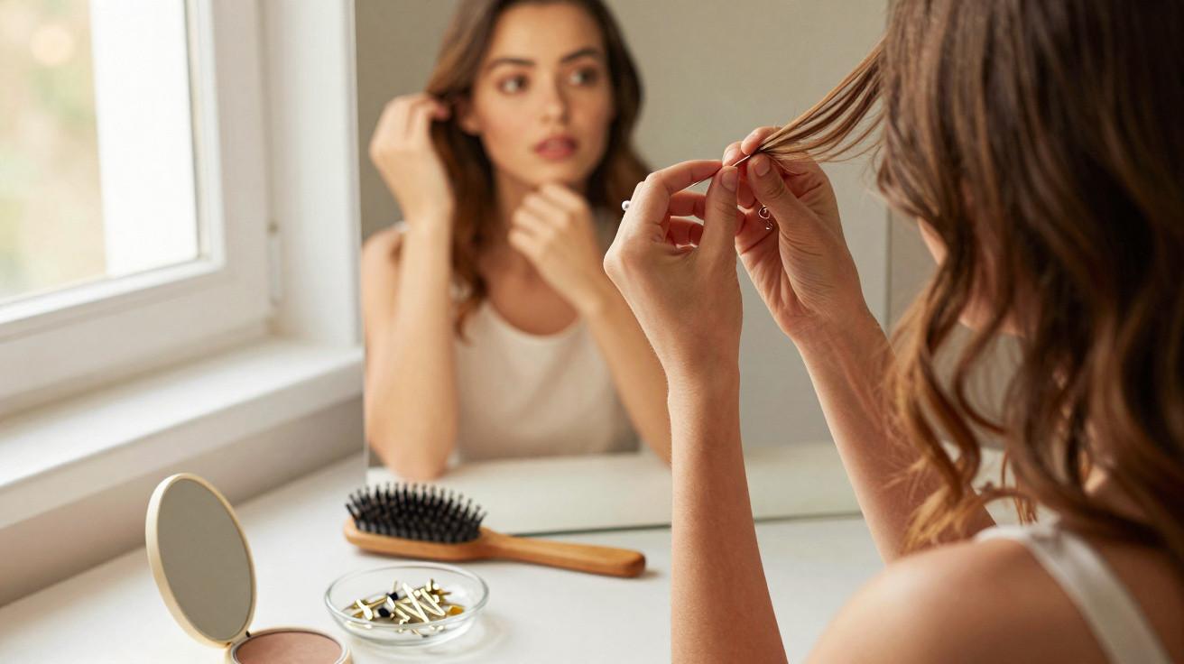Woman styling her hair while looking at her reflection in a mirror on a dressing table.
