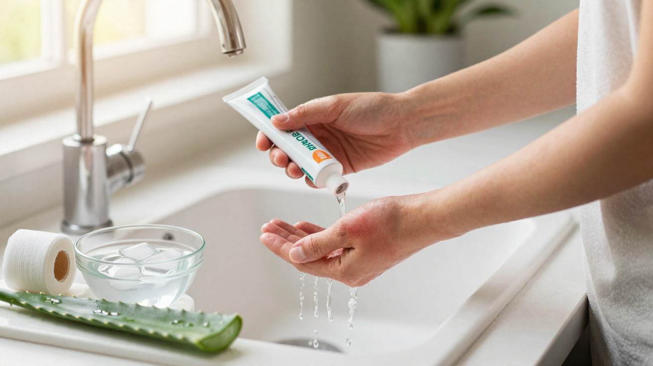 Person applying clear gel from a tube onto a reddened hand over a bathroom sink with aloe and ice water nearby.