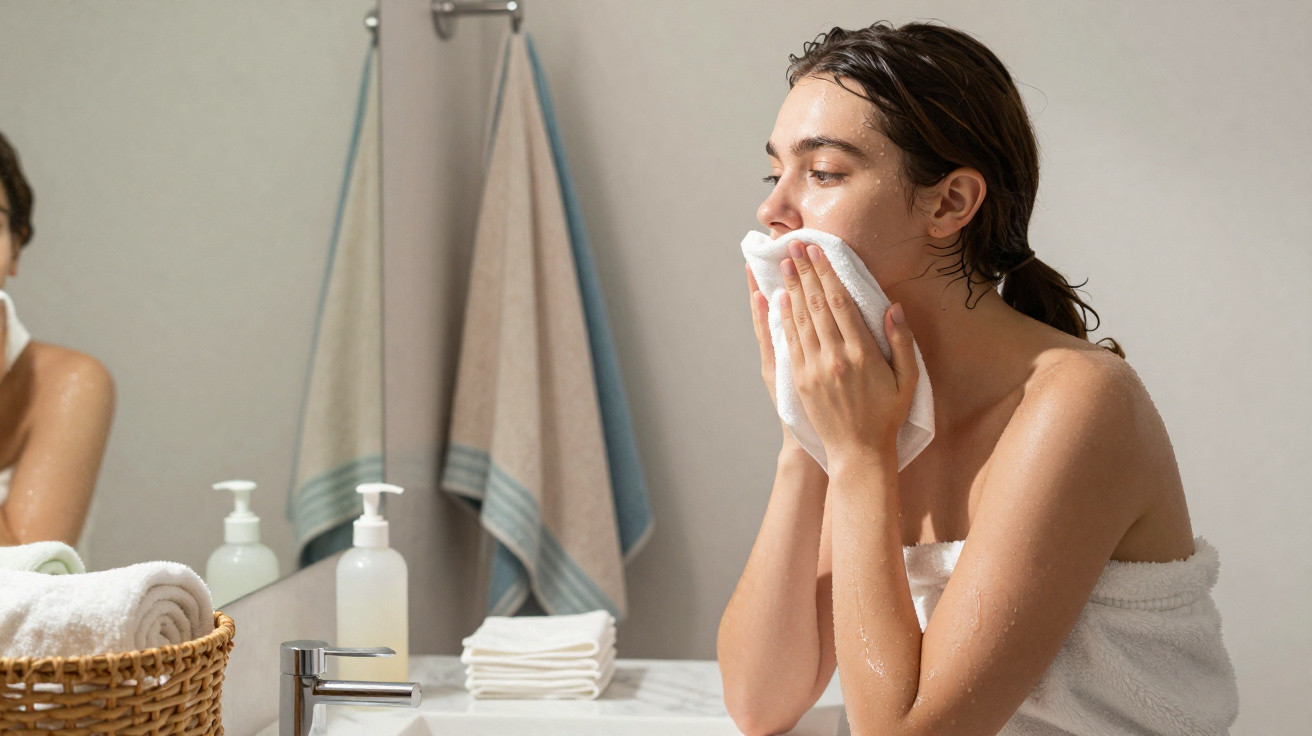 Woman with wet hair drying her face with a towel in a bathroom wrapped in a white towel