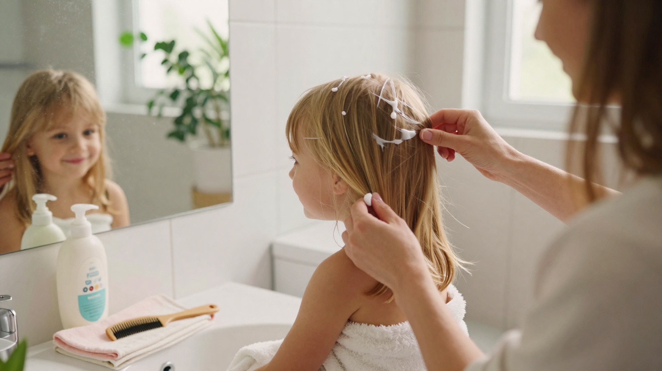 Adult applying lice treatment to young girl's hair in bright bathroom with mirror reflection visible.