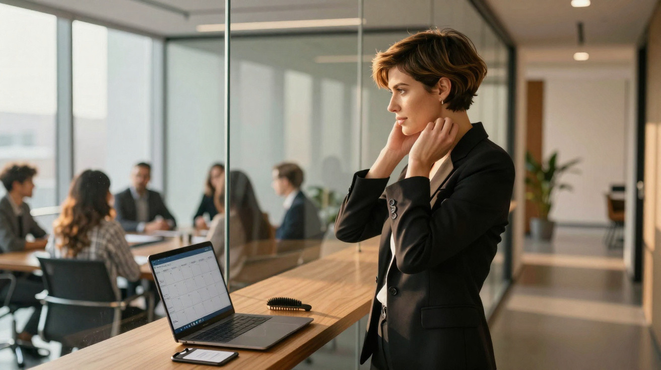 Professional woman standing by glass wall overlooking a meeting with laptop and phone on table in office.