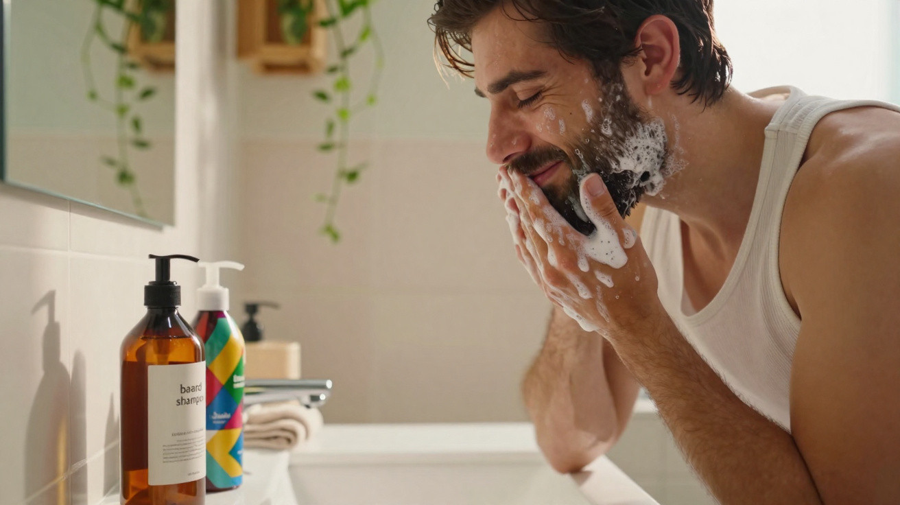 Man washing his beard with shampoo in a bright bathroom with plants and toiletries visible.