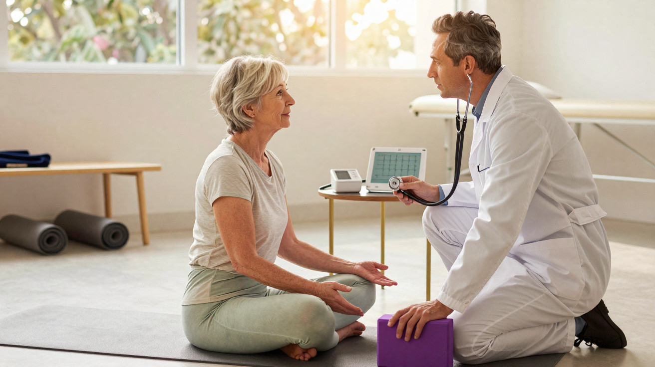 Older woman in athletic wear sitting cross-legged on mat with doctor using stethoscope in bright room.