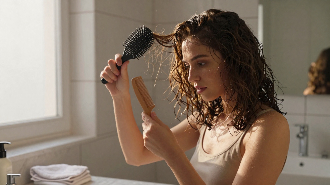 Woman with wet hair brushing herself in a bathroom near a window with towels and soap dispenser nearby