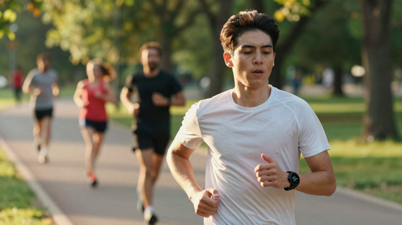 Young man in white t-shirt running along a park path with three blurred runners in the background.