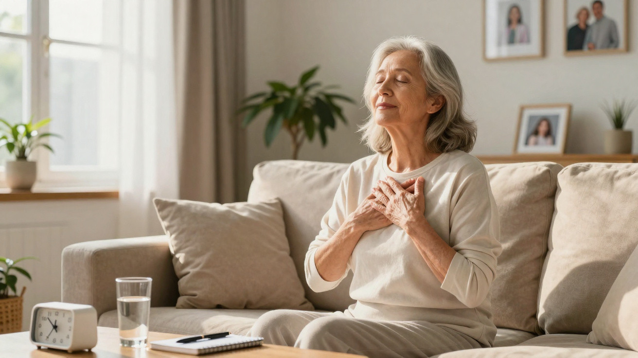 Elderly woman sitting on a sofa with hands on chest, eyes closed, appearing calm and content.