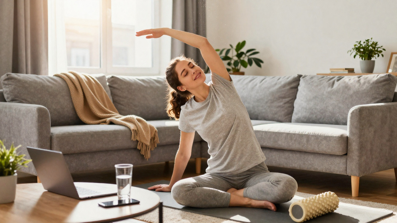 Young woman in grey activewear stretching on a yoga mat in a bright living room with a grey sofa.