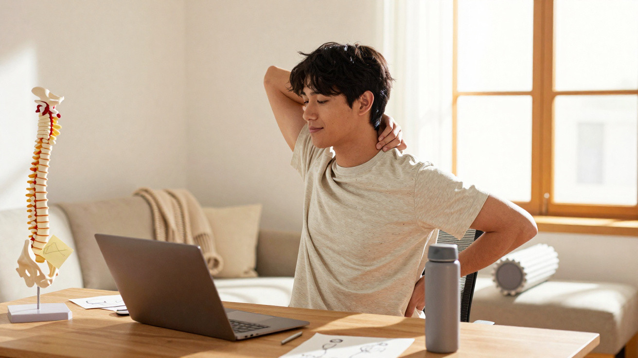 Young man sitting at desk stretching and massaging his back with spine model and laptop nearby in bright room