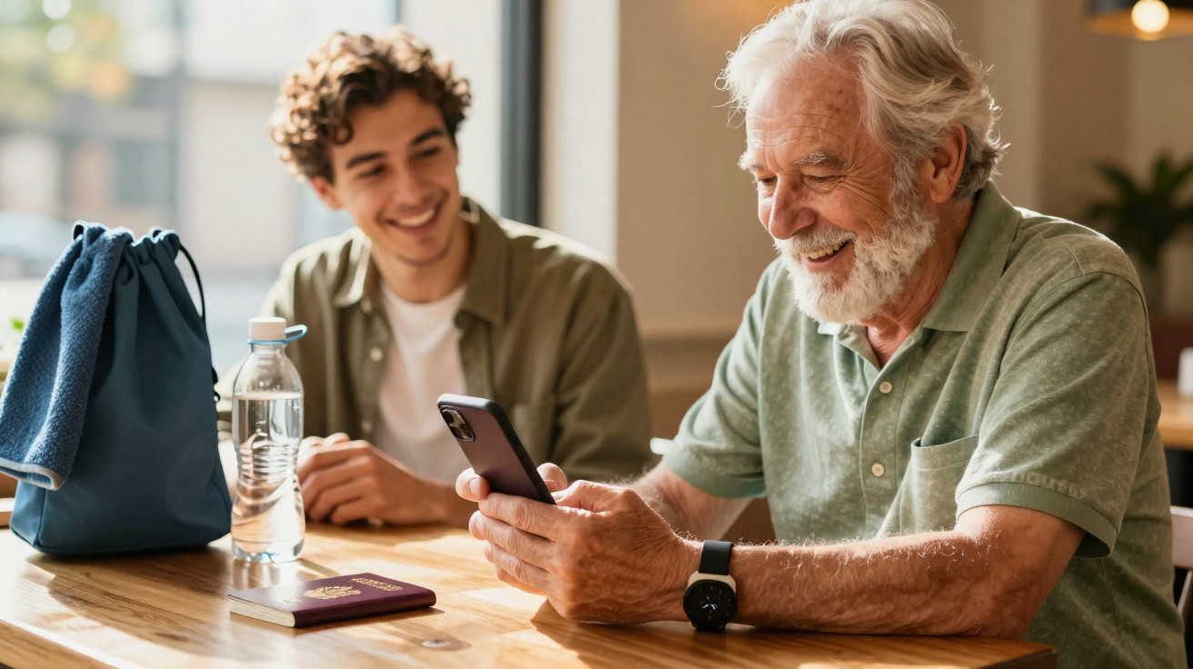 Older man smiling and using a smartphone while a younger man watches at a wooden table with a passport.