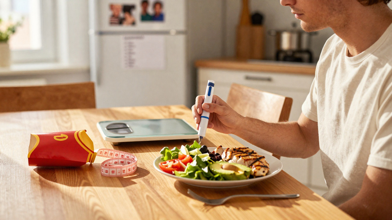 Person injecting insulin into a healthy meal with salad, avocado, and grilled chicken at a kitchen table.