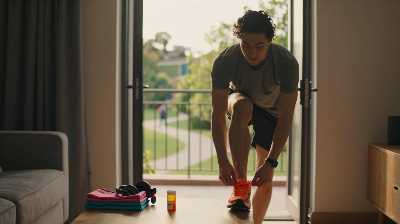 A young man indoors tying orange running shoes near an open door with workout clothes and headphones on a table.