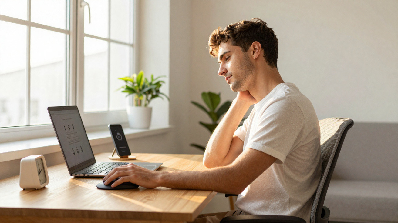 Young man working on laptop at wooden desk near window with plants in bright home office