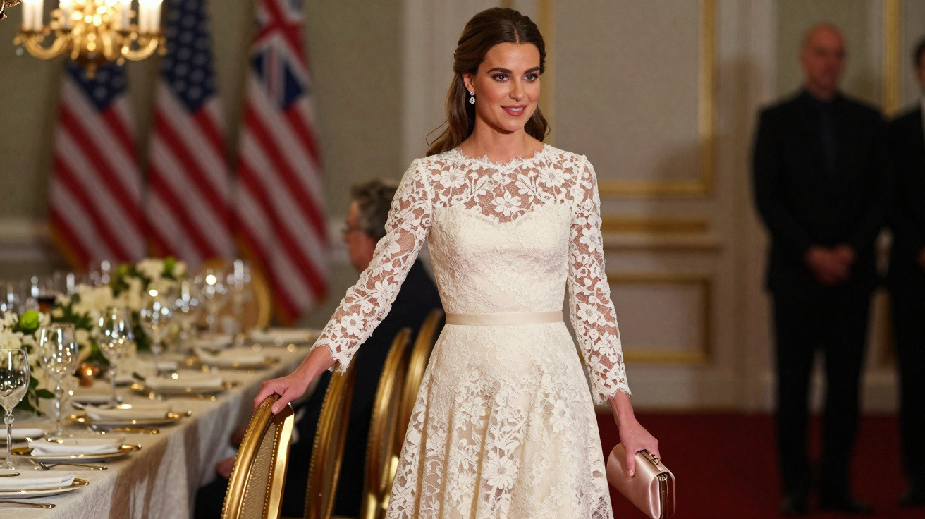 Woman in elegant white lace dress at formal dining event with US and UK flags in background