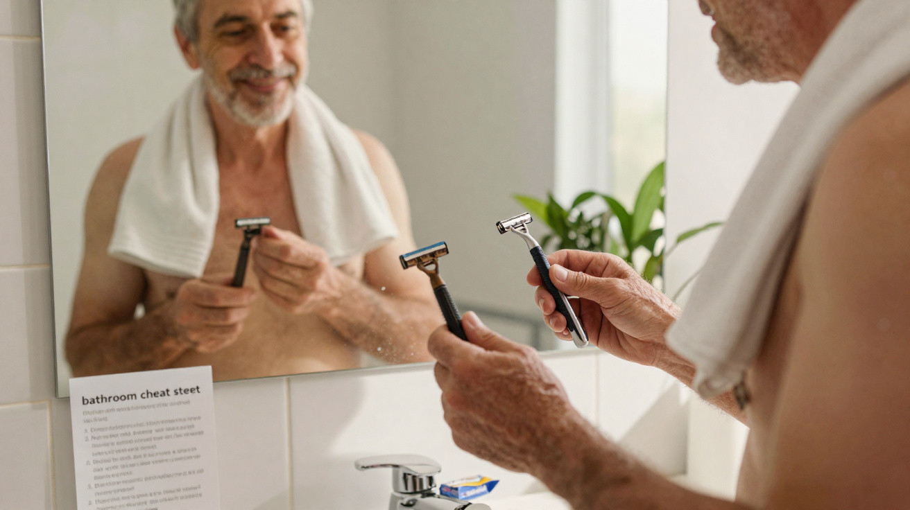 Older man with a towel on his shoulders choosing between two razors in front of a bathroom mirror