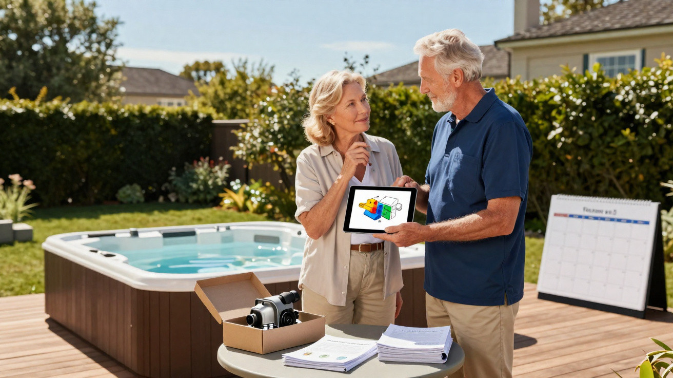 Older couple discussing home repair plans by a hot tub, holding a tablet with a plumbing diagram outdoors.