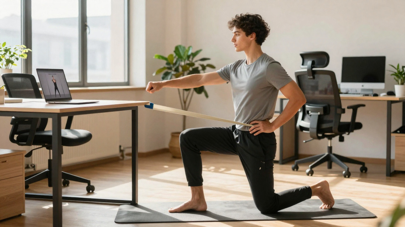 Young man doing resistance band exercises on a yoga mat in a bright home office.
