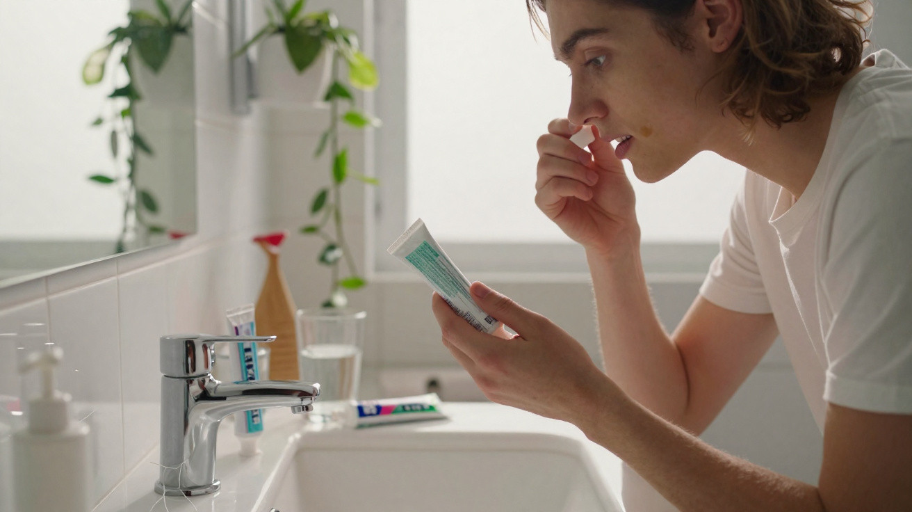 Young man reading instructions on a skincare cream tube in a bright bathroom by the sink.