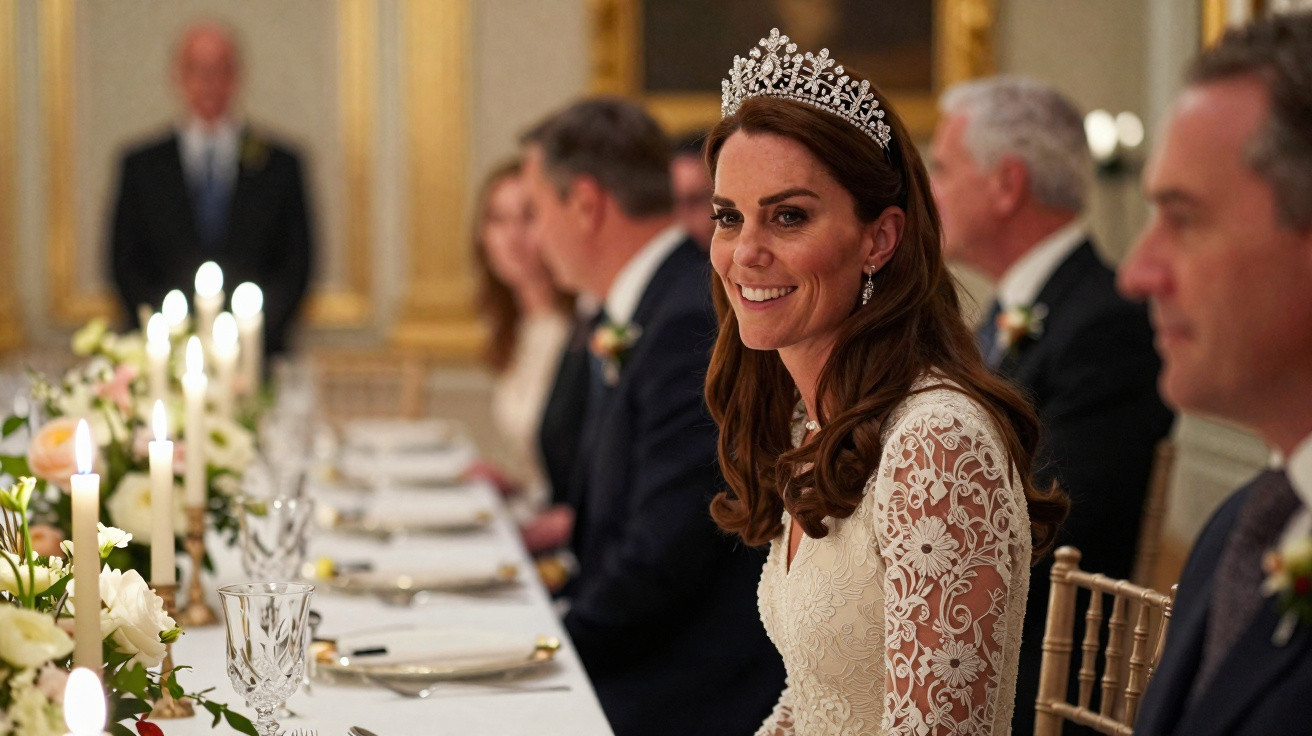 A smiling woman wearing a tiara and lace dress sits at an elegant candlelit banquet table.