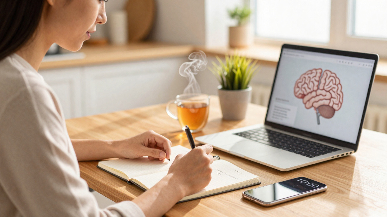 Person taking notes from a laptop displaying a brain diagram, with a steaming cup of tea and smartphone on the table.