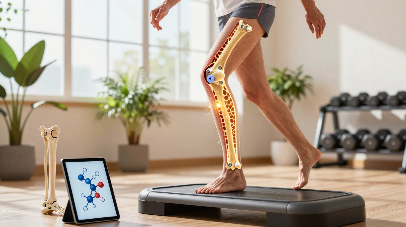 Person stepping on a platform with an illustrated view of leg bones and joints in a bright exercise room.