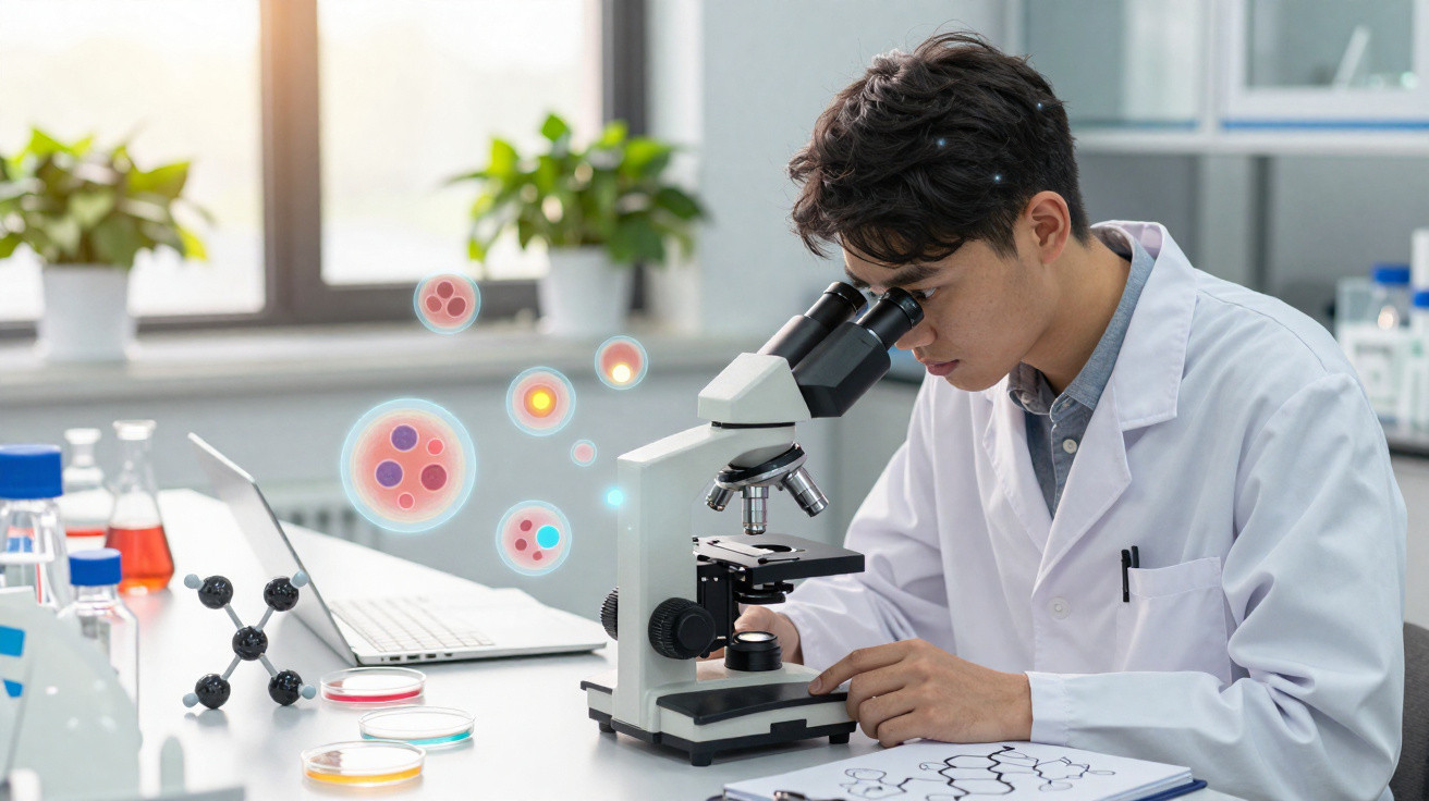 Scientist in white coat examining samples under microscope in a bright laboratory with molecular models.